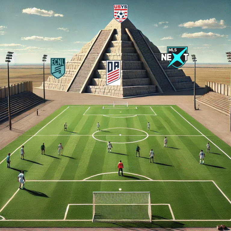 A stylized stone pyramid on a soccer pitch displays the logos of USYS, ECNL, MLS NEXT, and a development academy.
