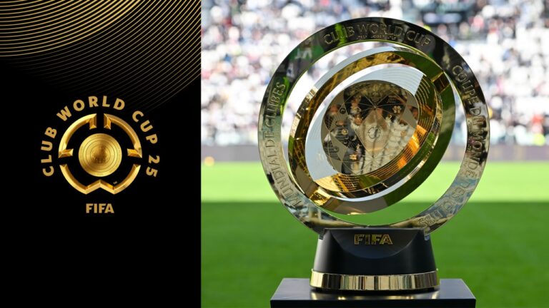 A promotional graphic for the FIFA Club World Cup 25 featuring the tournament trophy and logo.