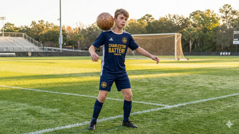 A teen balances a soccer ball on his chest wearing a Charleston Battery Youth jersey on a stadium field at dusk.