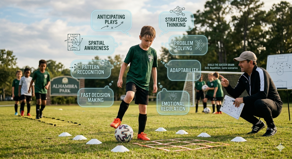 Soccer coach crouches beside a player, with floating labels showing key skills like strategic thinking, problem solving, and adaptability guiding training.