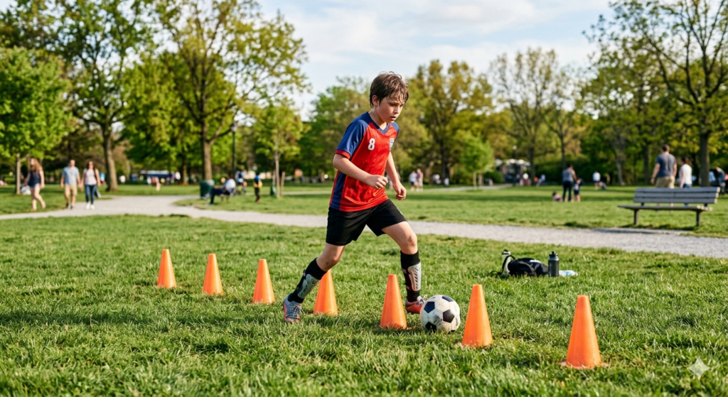 Boy in red and blue jersey dribbles a soccer ball through orange cones on a grassy park field.