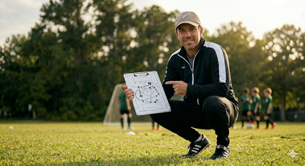 Coach crouching on a soccer field holding a clipboard with a tactical diagram, guiding players in the background.