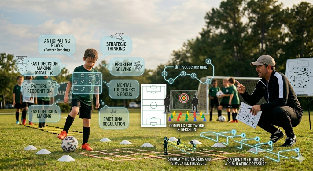 Youth soccer practice with a coach showing training overlays about anticipation, decision making, and problem solving.