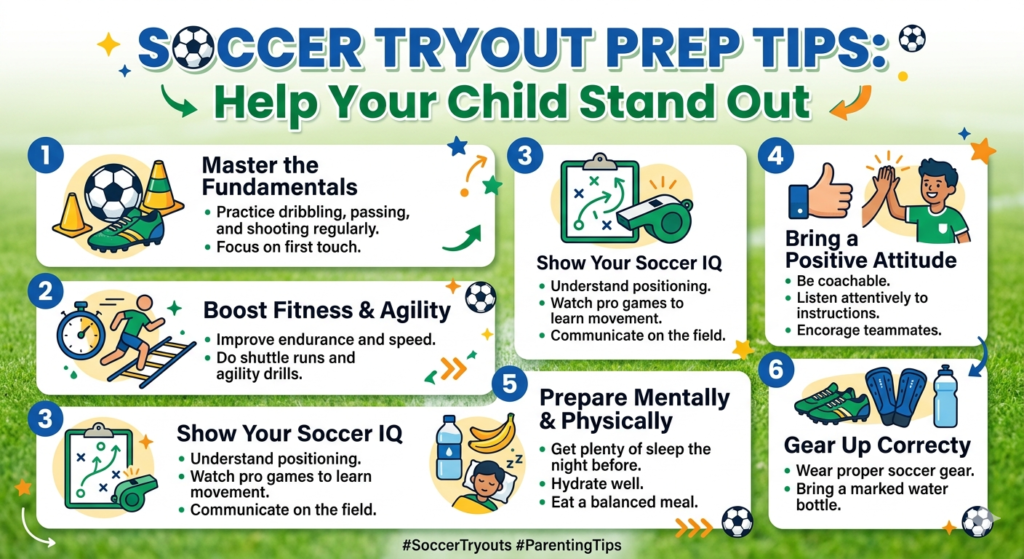 Infographic with six soccer tryout tips to help a child stand out: fundamentals, fitness, IQ, attitude, mental/physical prep, gear up, with icons and bright colors.