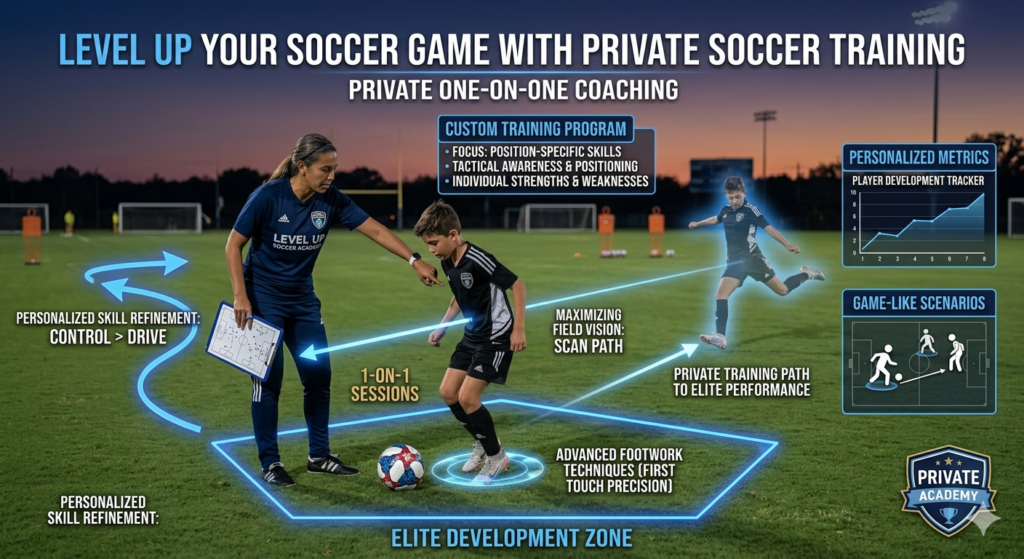 Infographic showing private soccer coaching: coach guiding a kid on a field with blue lines labeled 1-on-1 sessions and elite development zone.