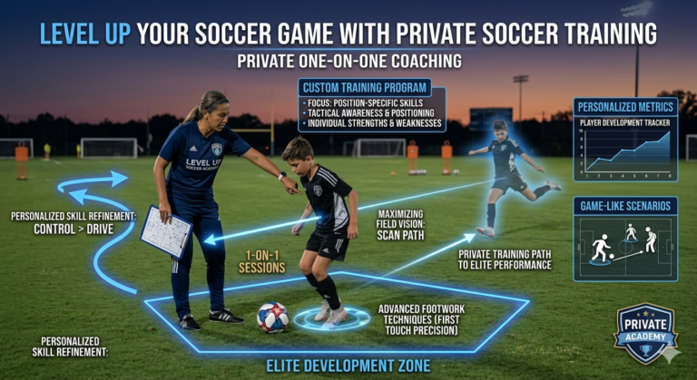A graphic overlays training tips and charts on a photo of a coach guiding a young player under a dusk sky.
