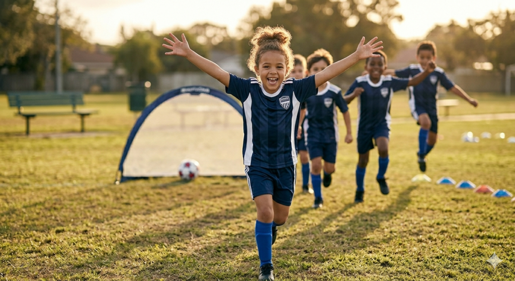 A young girl in navy soccer kit runs toward camera with arms raised, teammates behind on a sunny practice field.