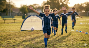 A young girl in navy soccer kit runs toward camera with arms raised, teammates behind on a sunny practice field.