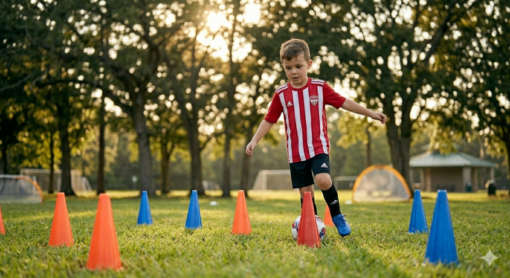 Boy in red and white striped jersey dribbles a soccer ball through orange and blue cones on a sunny practice field, trees in the background.