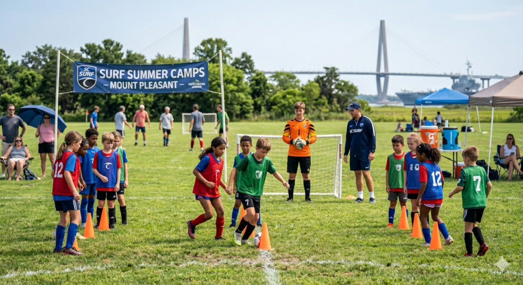 Children practice soccer drills on a grassy field with cones, under a banner reading 'Surf Summer Camps – Mount Pleasant' as coaches supervise.