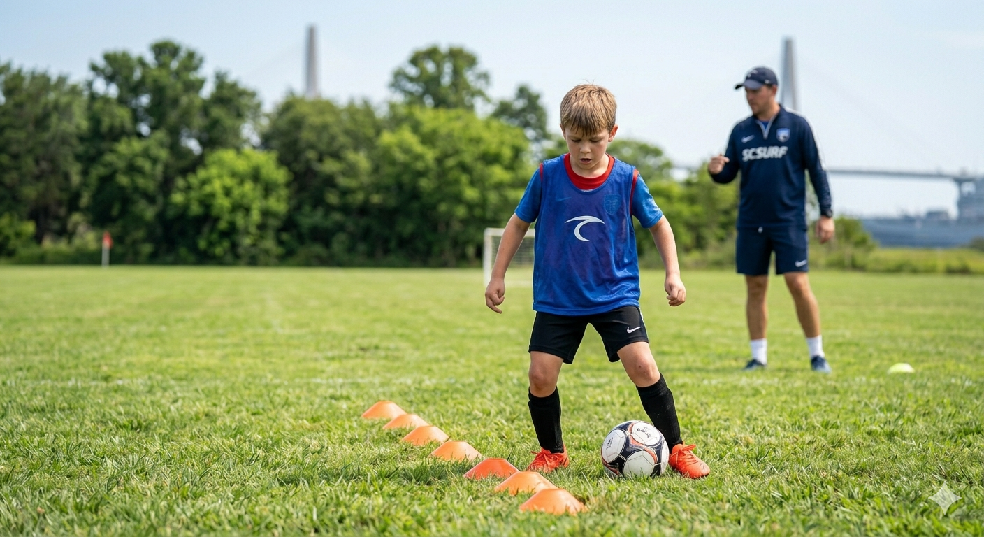 Young boy in a blue training bib dribbles a soccer ball through orange cones on a grassy field, with a coach watching in the background.