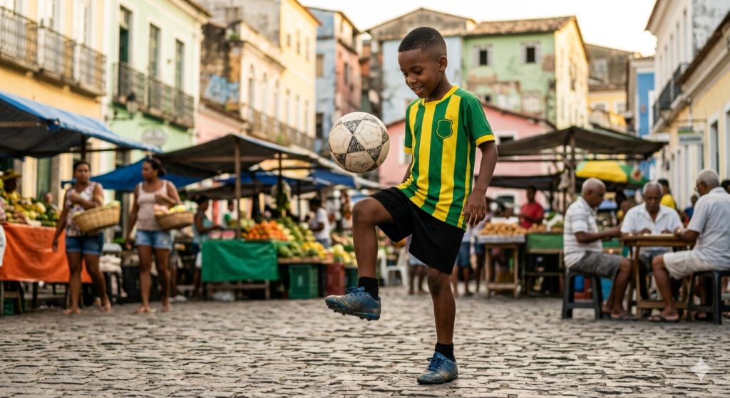Boy in green and yellow striped shirt kicking a soccer ball in a bustling street market.