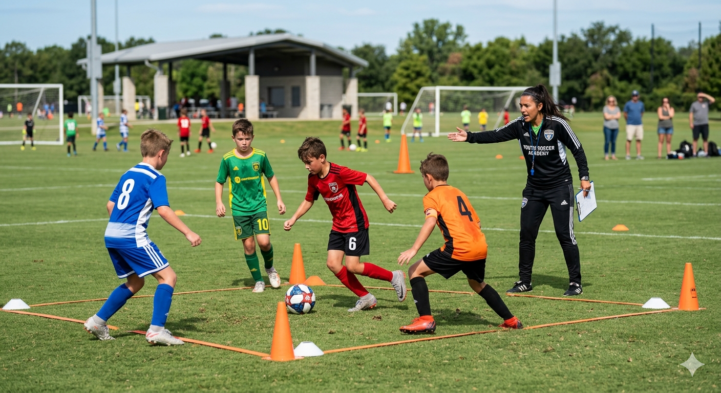 Youth soccer drill with four players contesting the ball around orange cones, coach watching on the right on a sunny field