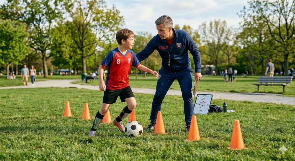Coach and young player dribble around orange cones in a park during a soccer drill.