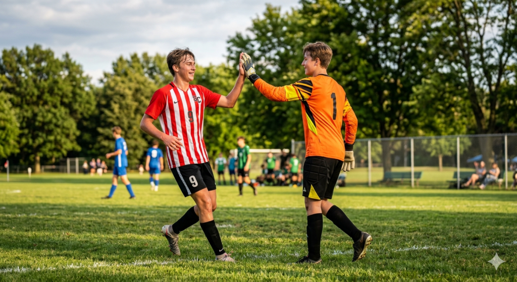 Two youth soccer players high-five on a sunny field: one in red-and-white stripes, the other in an orange goalie kit.