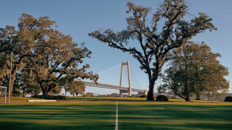 A grassy soccer field is framed by live oak trees with Spanish moss and a cable bridge in the distance.