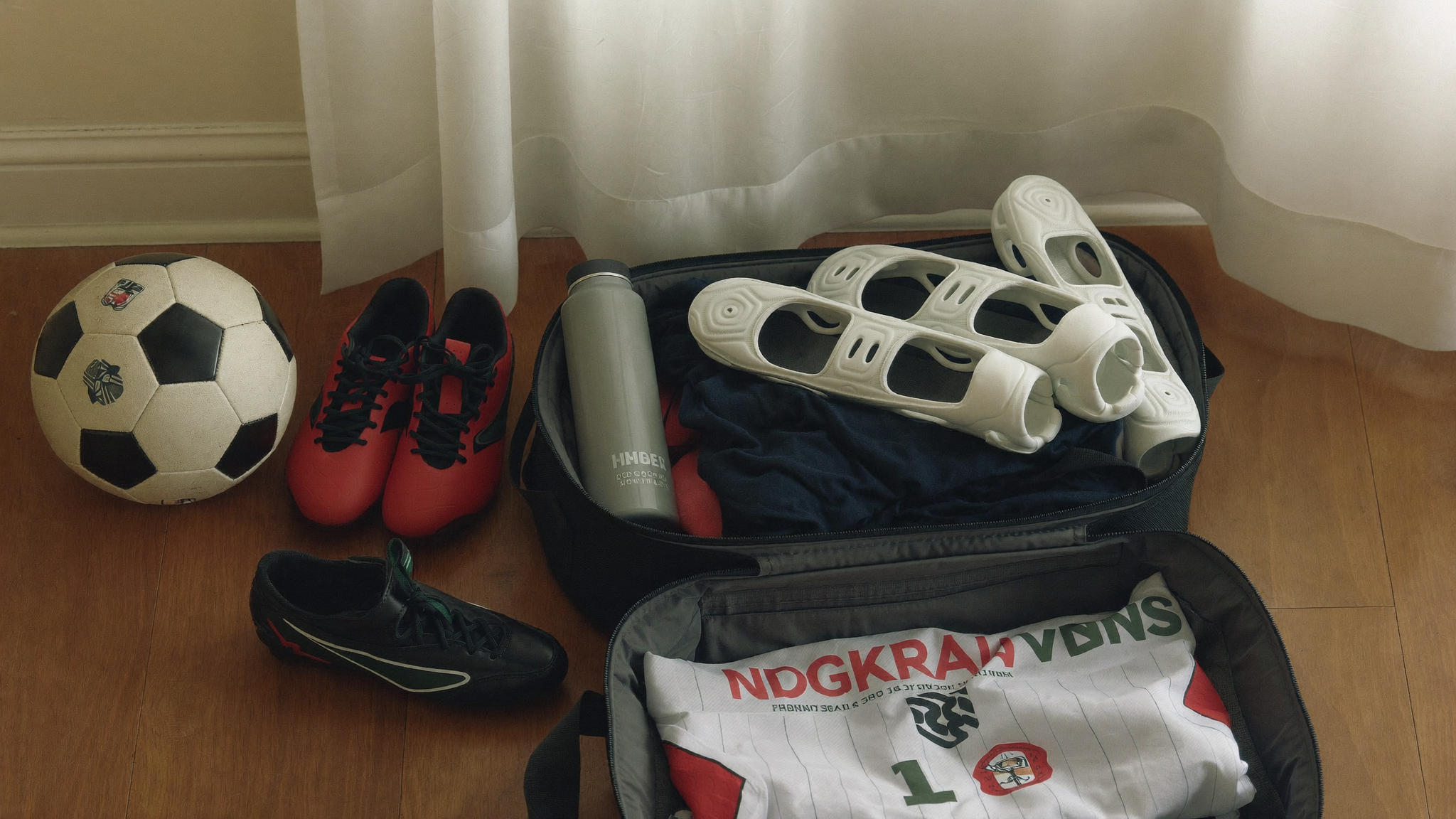 Youth soccer kit bag packed with cleats, shin guards and a ball on game day morning