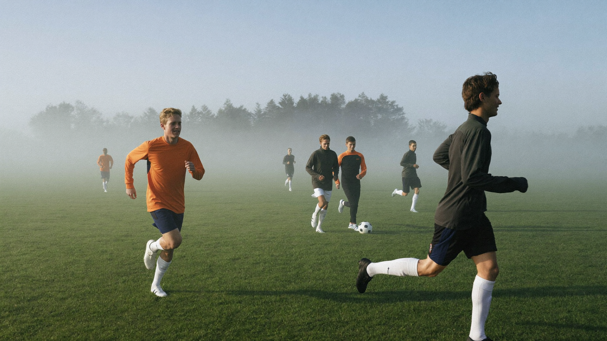 Young soccer players jog across a misty field in a line as part of a pre-match warm-up.